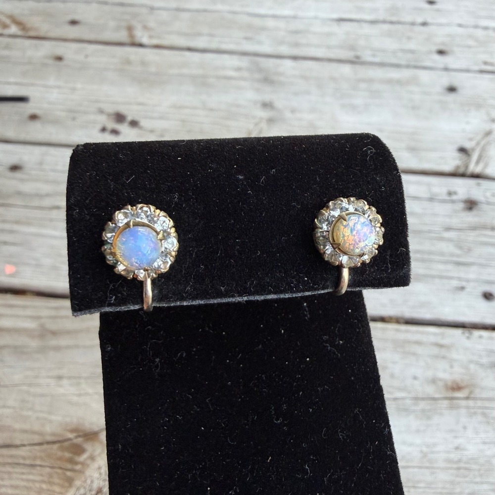 Vintage  Vargas Fire Opal Rhinestone Earrings Whimsigoth Mid Century Screwback